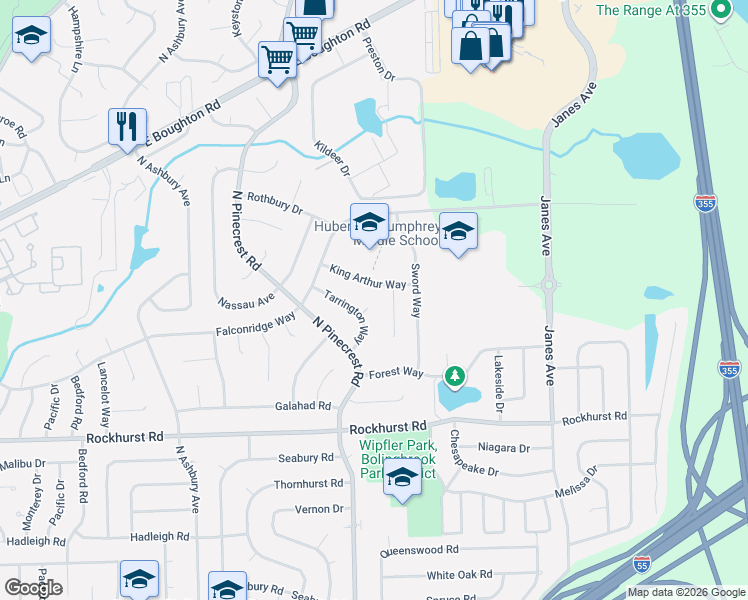 map of restaurants, bars, coffee shops, grocery stores, and more near 366 Tarrington Way in Bolingbrook