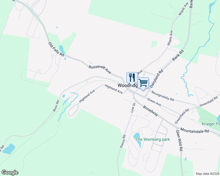 map of restaurants, bars, coffee shops, grocery stores, and more near 64 Highland Avenue in Woodridge