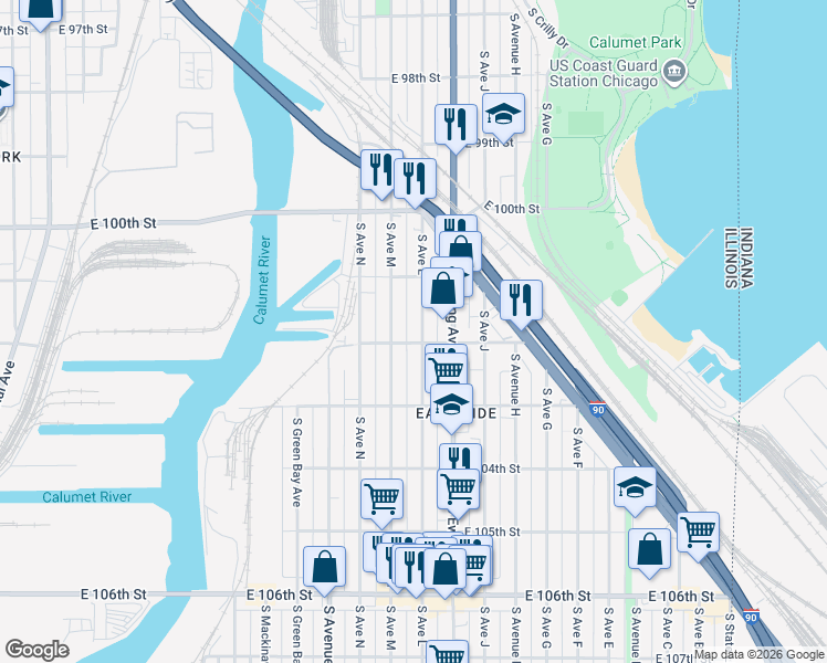 map of restaurants, bars, coffee shops, grocery stores, and more near 10154 South Avenue L in Chicago