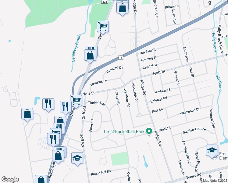 map of restaurants, bars, coffee shops, grocery stores, and more near 5 Cedar Street in Wethersfield