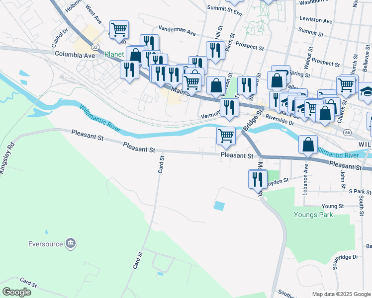 map of restaurants, bars, coffee shops, grocery stores, and more near 505 Pleasant Street in Windham