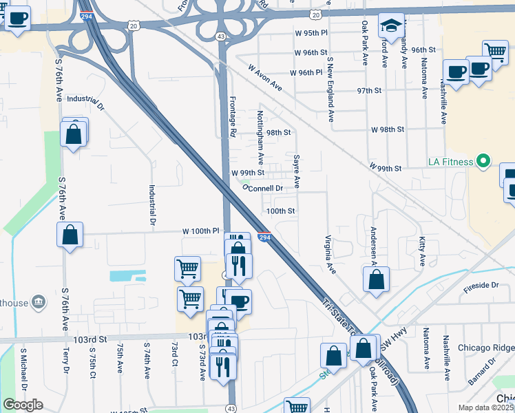 map of restaurants, bars, coffee shops, grocery stores, and more near 9960 Nottingham Avenue in Chicago Ridge
