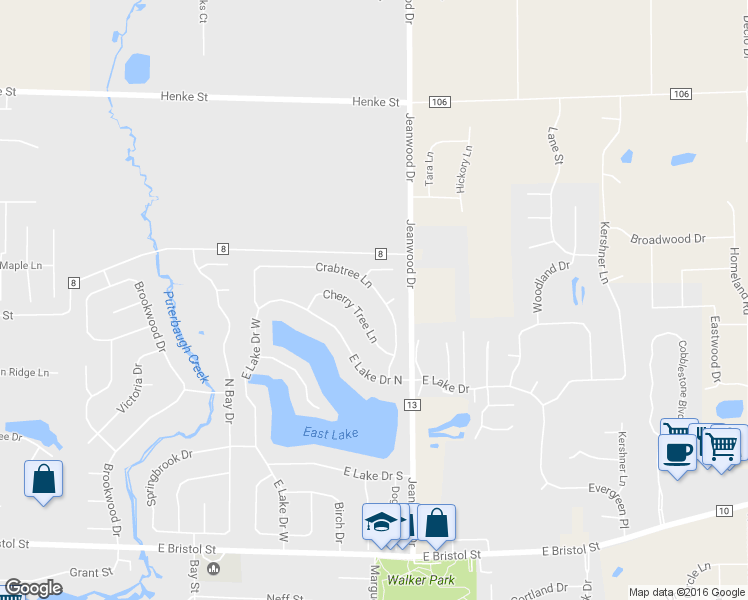 map of restaurants, bars, coffee shops, grocery stores, and more near 1747 Crabtree Lane in Elkhart