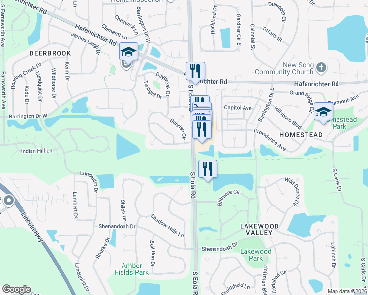 map of restaurants, bars, coffee shops, grocery stores, and more near 2413 Sunrise Circle in Aurora