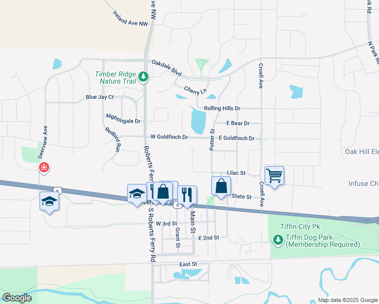 map of restaurants, bars, coffee shops, grocery stores, and more near 475 Lilac Street in Tiffin
