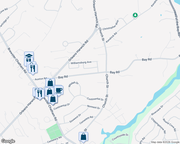 map of restaurants, bars, coffee shops, grocery stores, and more near 72 Bay Road in Harwich