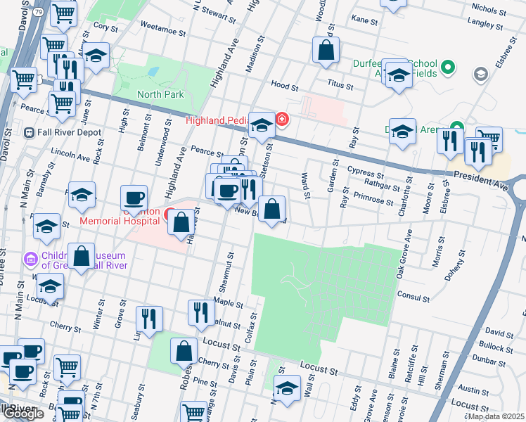 map of restaurants, bars, coffee shops, grocery stores, and more near 282 New Boston Road in Fall River