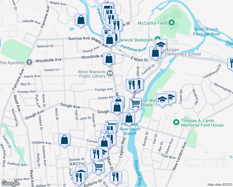 map of restaurants, bars, coffee shops, grocery stores, and more near in West Warwick