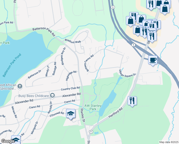 map of restaurants, bars, coffee shops, grocery stores, and more near 135 Brittany Farms Road in New Britain