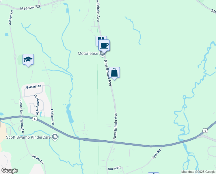 map of restaurants, bars, coffee shops, grocery stores, and more near 1603 New Britain Avenue in Farmington