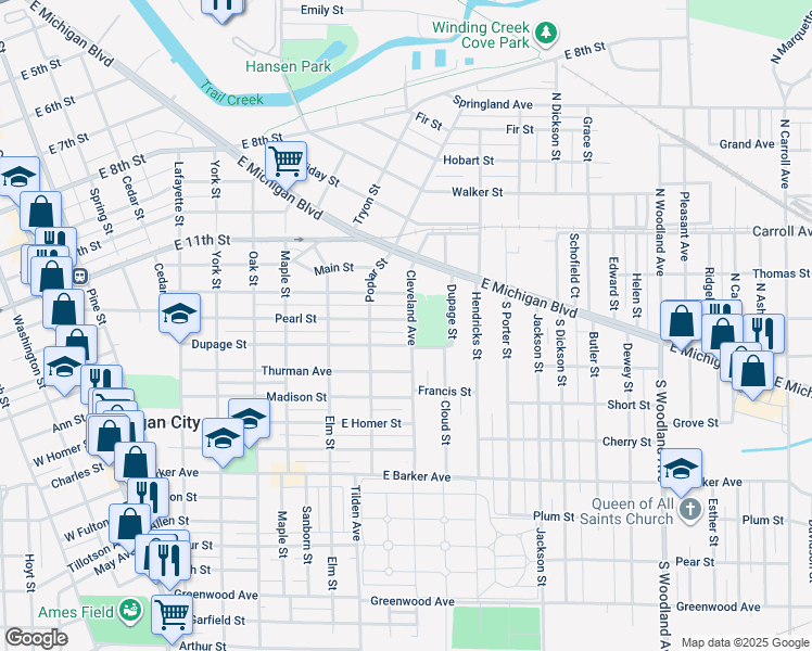 map of restaurants, bars, coffee shops, grocery stores, and more near 300-398 Cleveland Avenue in Michigan City
