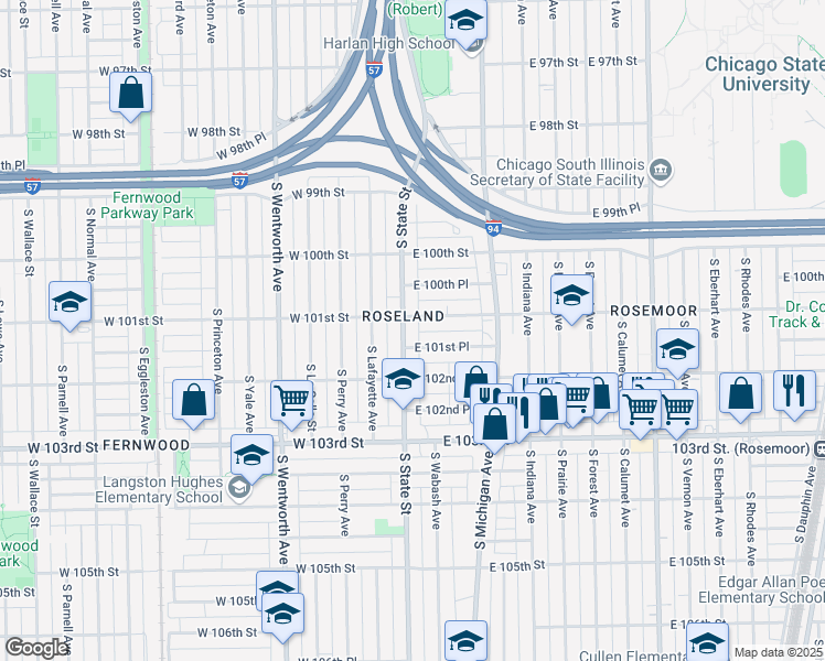 map of restaurants, bars, coffee shops, grocery stores, and more near 27 East 101st Street in Chicago