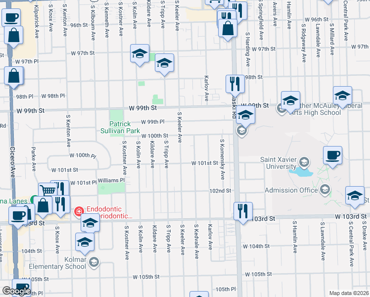 map of restaurants, bars, coffee shops, grocery stores, and more near 10024 South Keeler Avenue in Oak Lawn