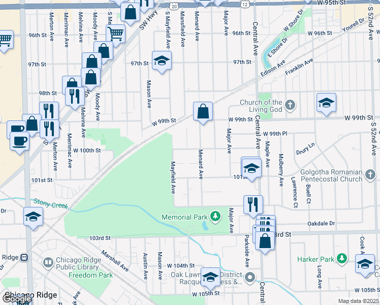 map of restaurants, bars, coffee shops, grocery stores, and more near 5833 100th Street in Oak Lawn
