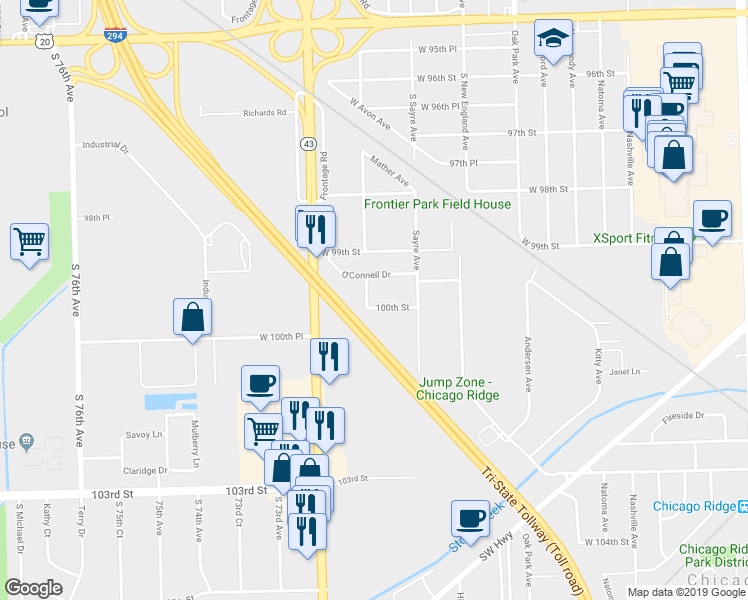map of restaurants, bars, coffee shops, grocery stores, and more near 7030 100th Street in Chicago Ridge