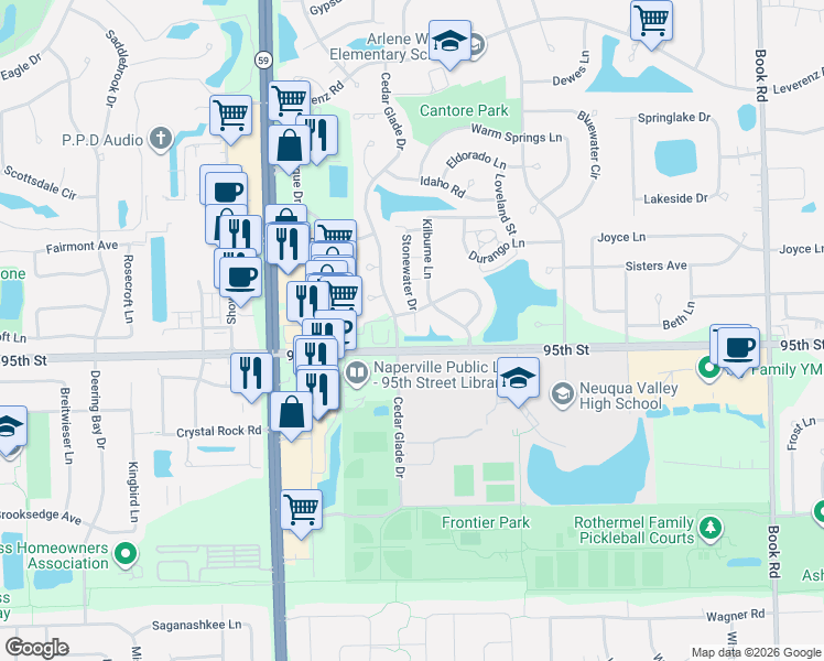 map of restaurants, bars, coffee shops, grocery stores, and more near 2704 Stonewater Drive in Naperville