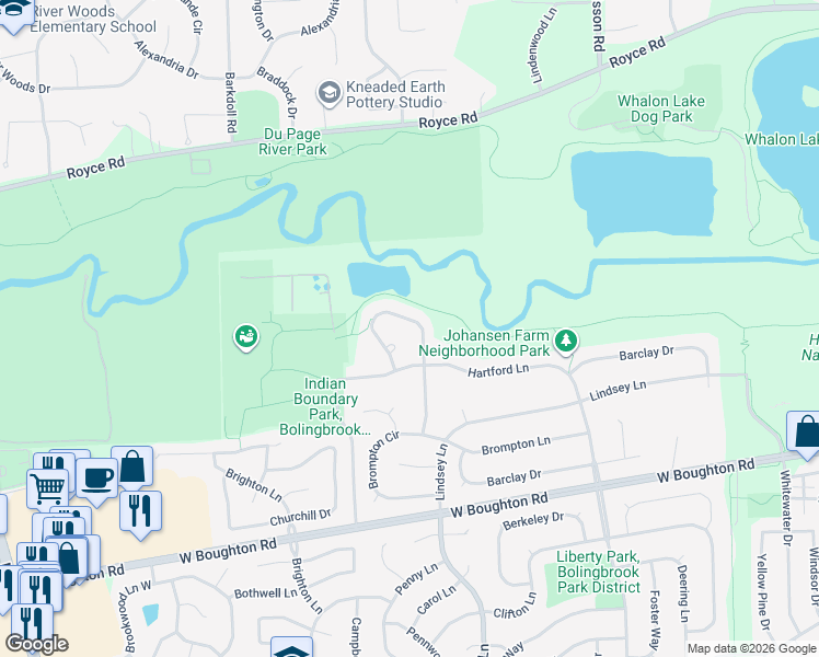 map of restaurants, bars, coffee shops, grocery stores, and more near 486 Springwood Lane in Bolingbrook