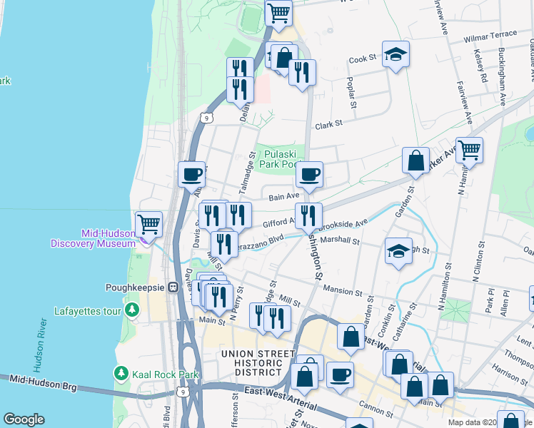 map of restaurants, bars, coffee shops, grocery stores, and more near 26 Talmadge Street in Poughkeepsie
