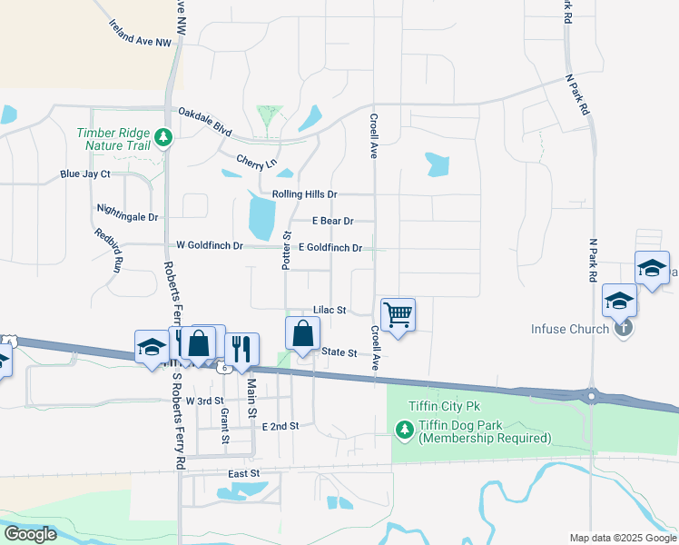 map of restaurants, bars, coffee shops, grocery stores, and more near 546 Iris Avenue in Tiffin