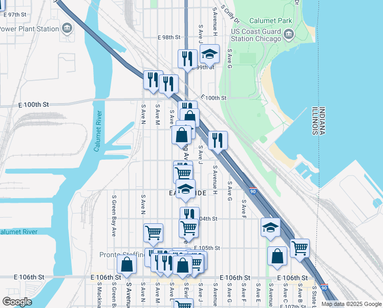 map of restaurants, bars, coffee shops, grocery stores, and more near 10155 South Ewing Avenue in Chicago