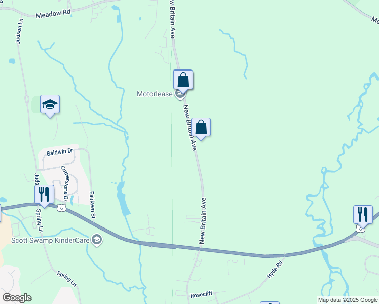 map of restaurants, bars, coffee shops, grocery stores, and more near 1600 New Britain Avenue in Farmington