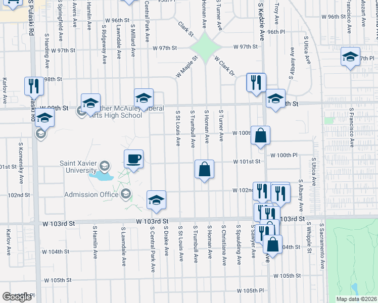 map of restaurants, bars, coffee shops, grocery stores, and more near 10036 South Trumbull Avenue in Evergreen Park