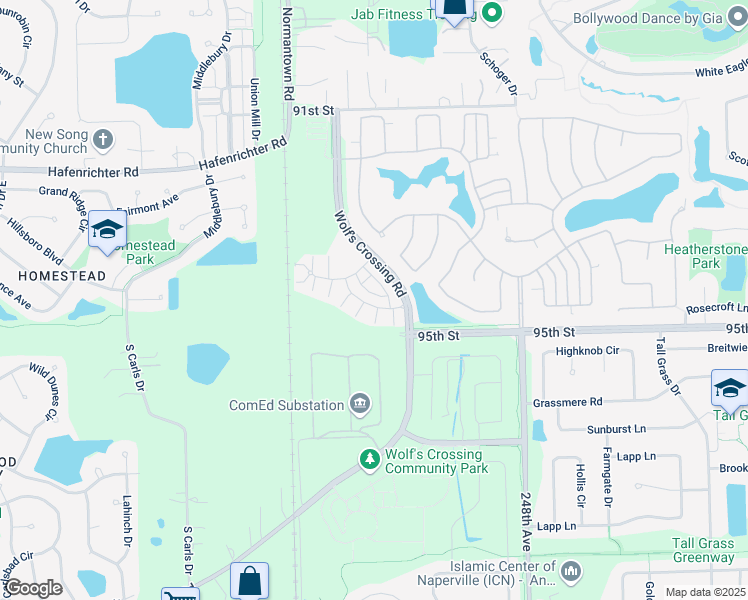 map of restaurants, bars, coffee shops, grocery stores, and more near 2946 Madison Drive in Naperville