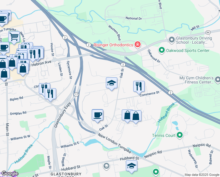 map of restaurants, bars, coffee shops, grocery stores, and more near Nutmeg Lane in Glastonbury