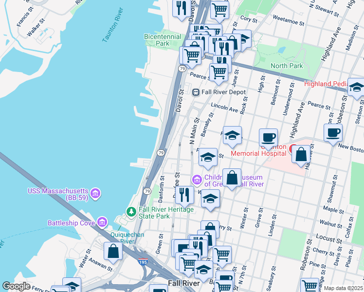 map of restaurants, bars, coffee shops, grocery stores, and more near 579 Durfee Street in Fall River
