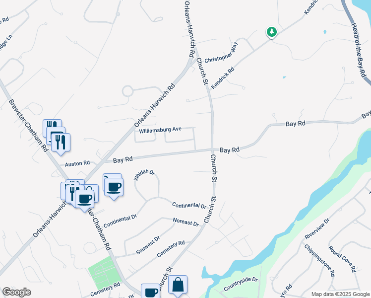 map of restaurants, bars, coffee shops, grocery stores, and more near 86 Bay Road in Harwich