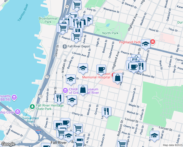 map of restaurants, bars, coffee shops, grocery stores, and more near 669 High Street in Fall River