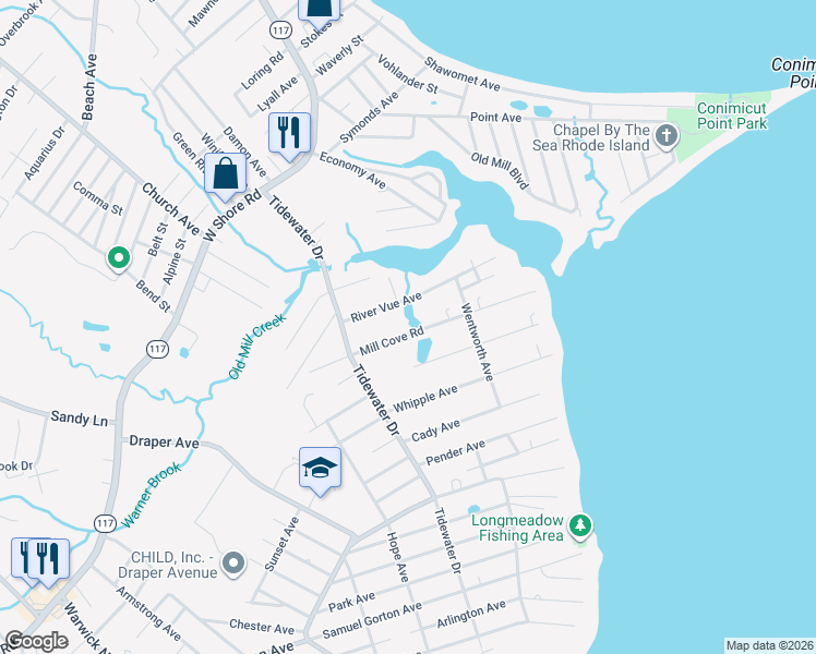 map of restaurants, bars, coffee shops, grocery stores, and more near 147 Mill Cove Road in Warwick
