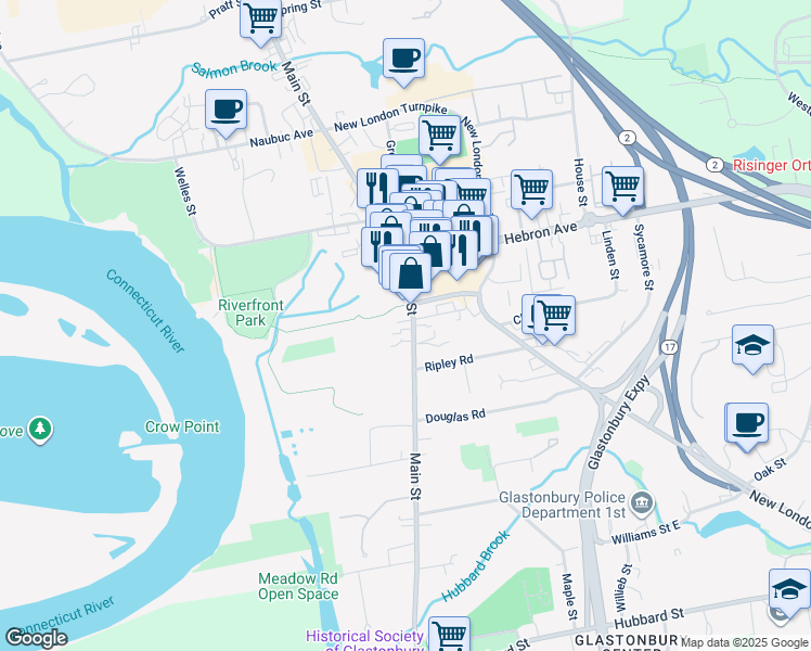 map of restaurants, bars, coffee shops, grocery stores, and more near 2235 Main Street in Glastonbury