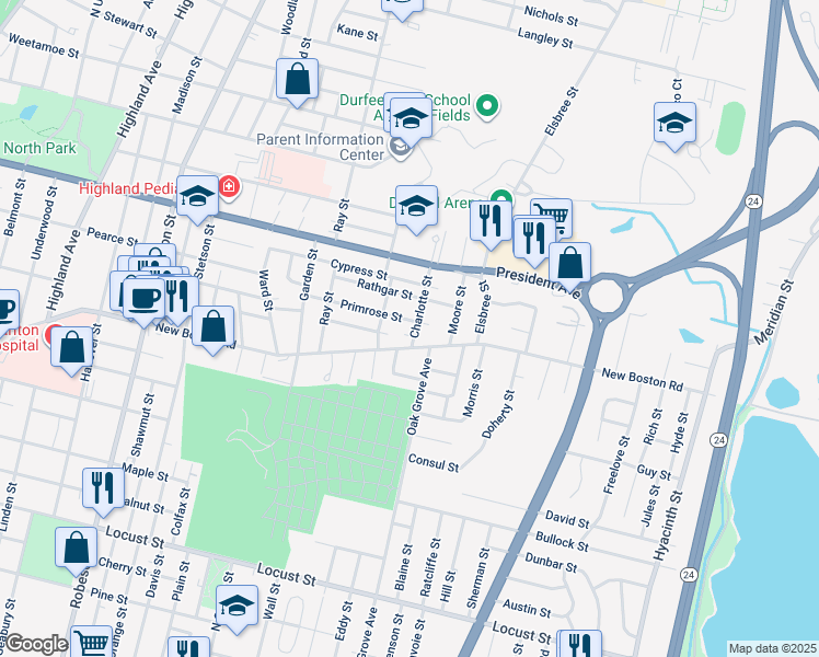 map of restaurants, bars, coffee shops, grocery stores, and more near 40 Charlotte Street in Fall River