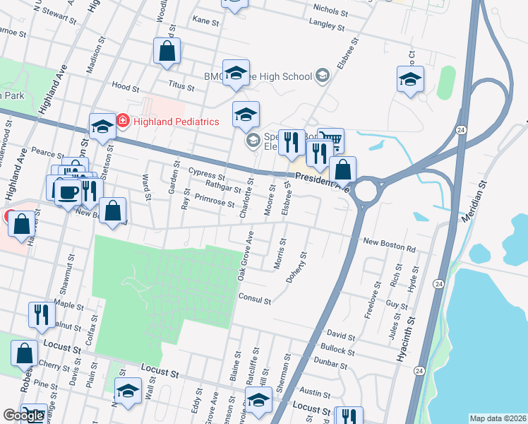 map of restaurants, bars, coffee shops, grocery stores, and more near 32 Moore Street in Fall River