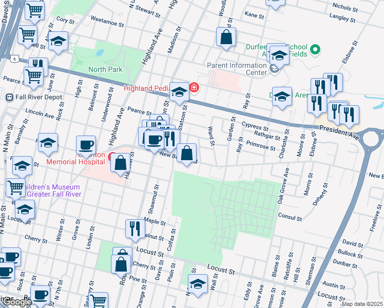 map of restaurants, bars, coffee shops, grocery stores, and more near 27 Farnham St in Fall River