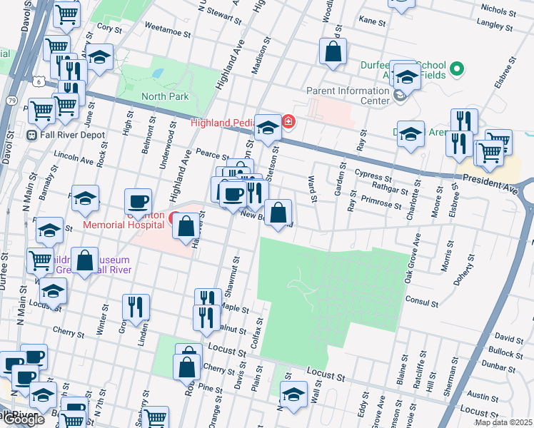 map of restaurants, bars, coffee shops, grocery stores, and more near 282 New Boston Road in Fall River