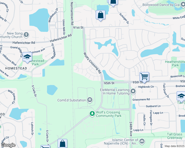 map of restaurants, bars, coffee shops, grocery stores, and more near 2946 Madison Drive in Naperville