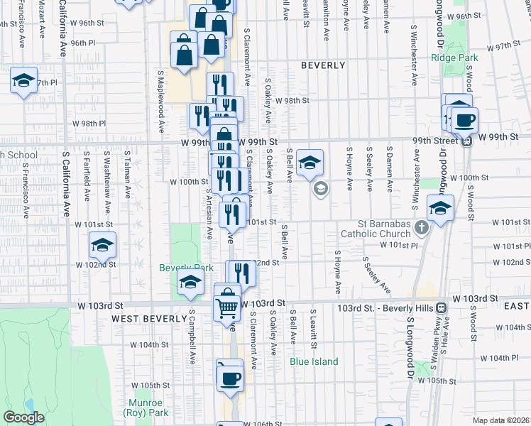 map of restaurants, bars, coffee shops, grocery stores, and more near 10046 South Oakley Avenue in Chicago