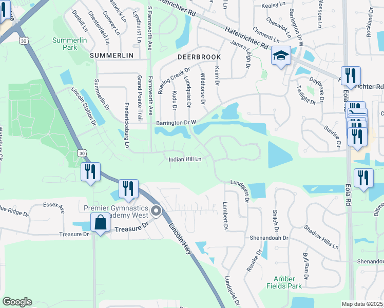 map of restaurants, bars, coffee shops, grocery stores, and more near 1908 Indian Hill Lane in Aurora
