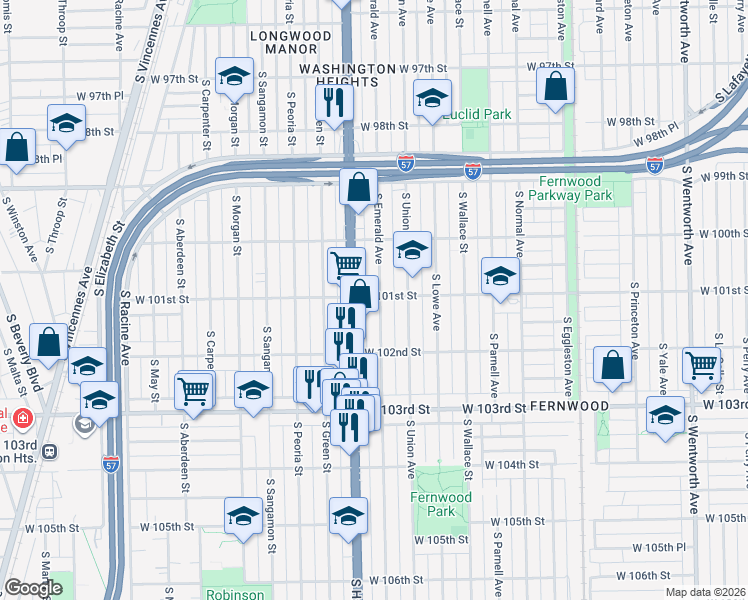 map of restaurants, bars, coffee shops, grocery stores, and more near 10100 South Emerald Avenue in Chicago