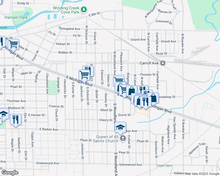 map of restaurants, bars, coffee shops, grocery stores, and more near 1906 East Michigan Boulevard in Michigan City