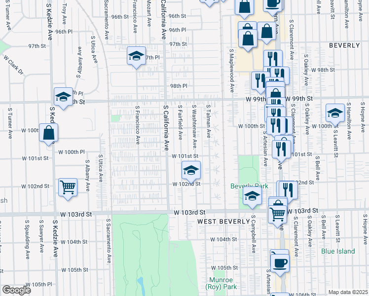 map of restaurants, bars, coffee shops, grocery stores, and more near 10045 South Fairfield Avenue in Chicago