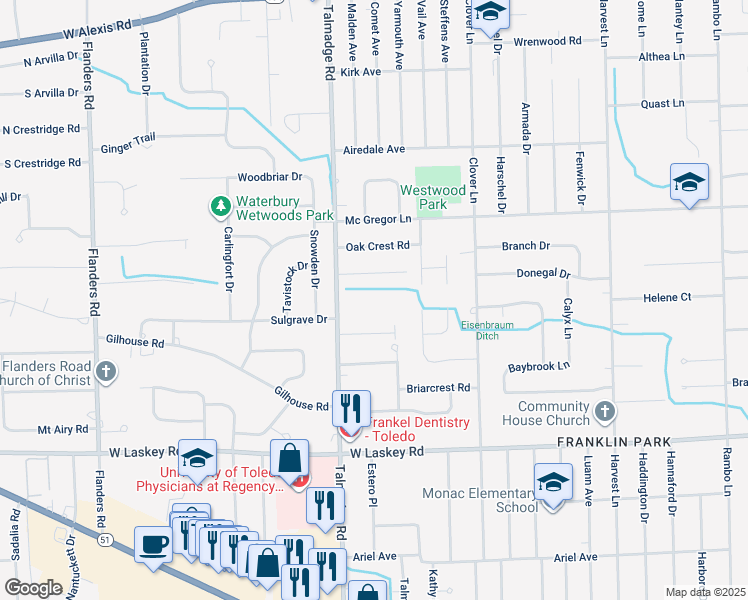 map of restaurants, bars, coffee shops, grocery stores, and more near 5254 Talmadge Rd in Toledo