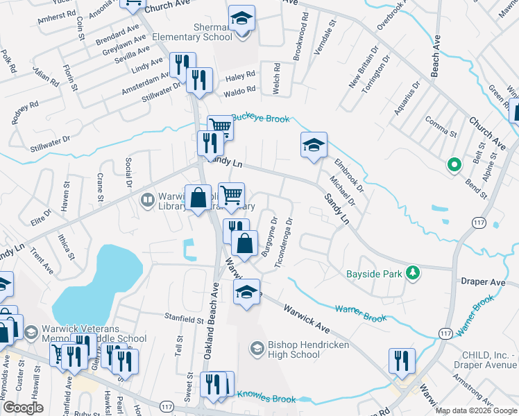 map of restaurants, bars, coffee shops, grocery stores, and more near 11 Montcalm Road in Warwick