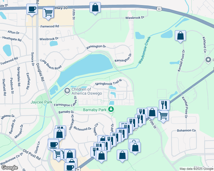map of restaurants, bars, coffee shops, grocery stores, and more near 594 Springbrook Trail North in Oswego