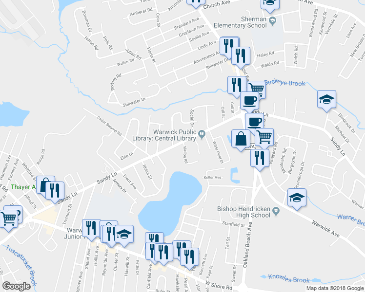 map of restaurants, bars, coffee shops, grocery stores, and more near 654 Sandy Lane in Warwick