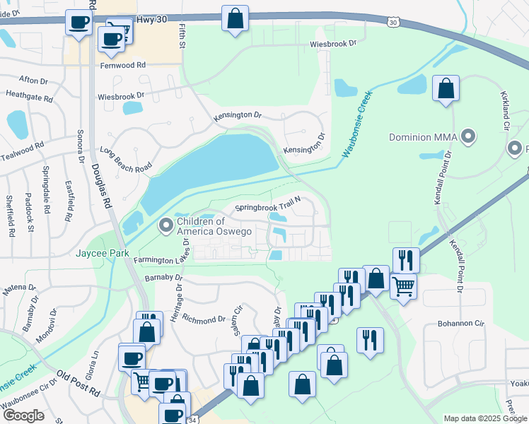 map of restaurants, bars, coffee shops, grocery stores, and more near 594 Springbrook Trail North in Oswego