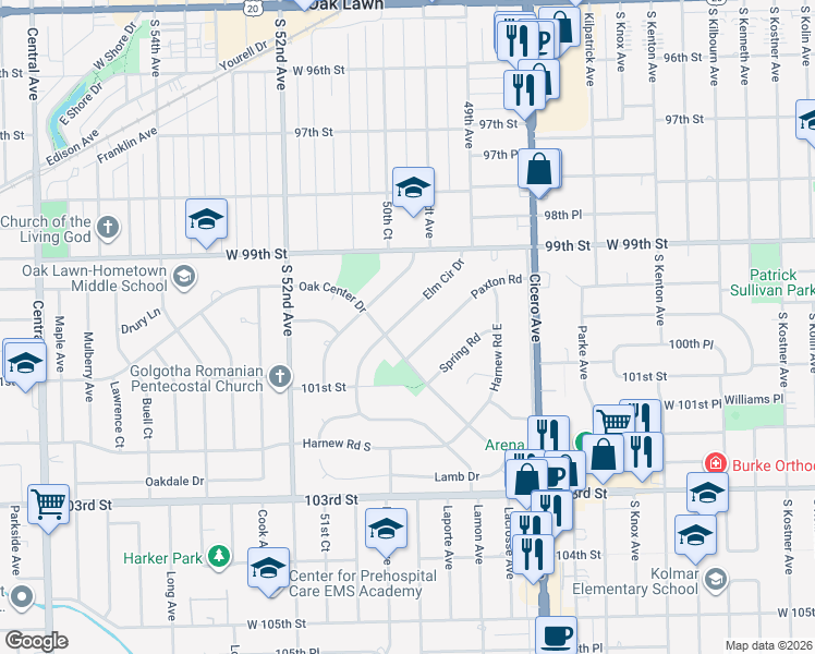 map of restaurants, bars, coffee shops, grocery stores, and more near 9973 Elm Circle Drive in Oak Lawn