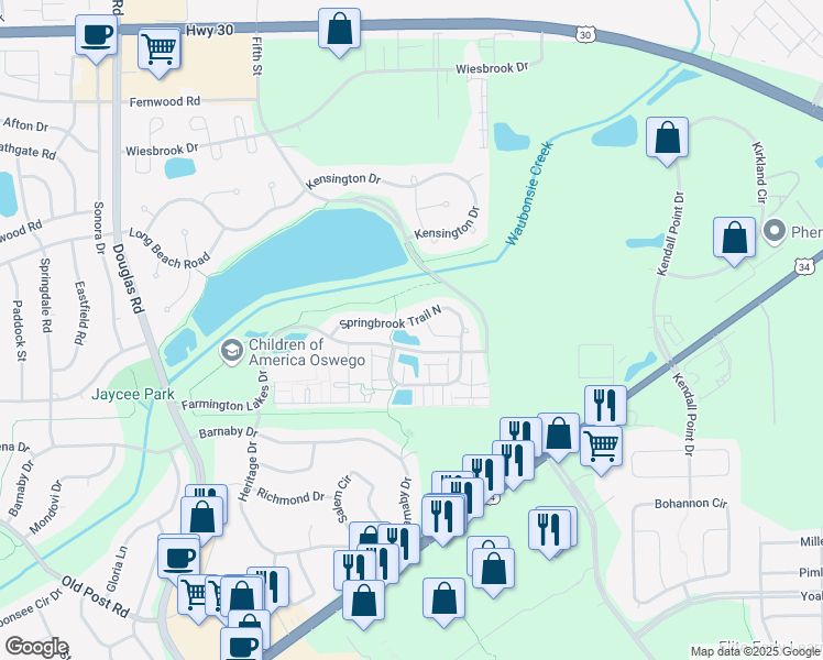 map of restaurants, bars, coffee shops, grocery stores, and more near 578 Springbrook Trail North in Oswego
